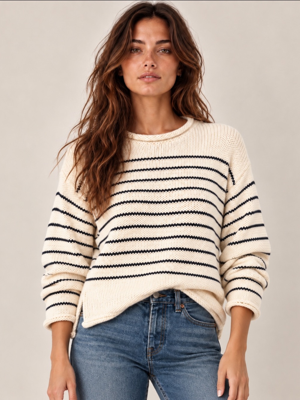 Zara Cream Navy Striped Chunky Knit Sweater Relaxed Fit Crewneck Medium
